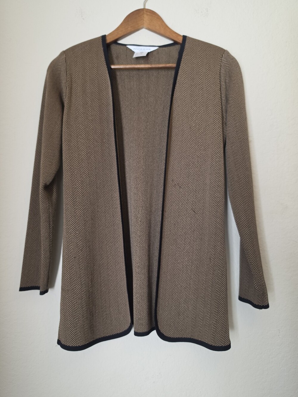 Misook Open Front Cardigan Womens XXS Tan Black Houndstooth Shoulder Pads (Flaw)